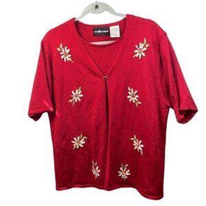 Sag Harbor pullover vintage Women floral red short sleeve sweater size XL‎